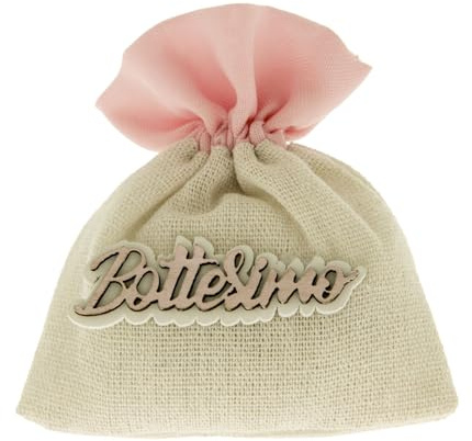 Doni Bomboniere Taufe für Mädchen, 12 Stück, Säckchen für Konfekt aus Jute und Baumwolle, Farbe Rosa, mit Schriftzug zur Taufe aus Holz, Rosa, Tischkarten, Veranstaltung, Gadget