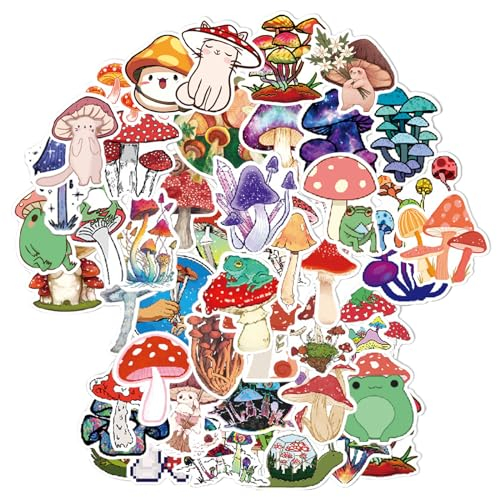 YzmrBdqc Mushroom Theme 50 Pcs Mushroom Stickers, Cute Cartoon Multicolor Vinyl Waterproof Stickers for Plastic, Metal, Wood, Outdoor Use