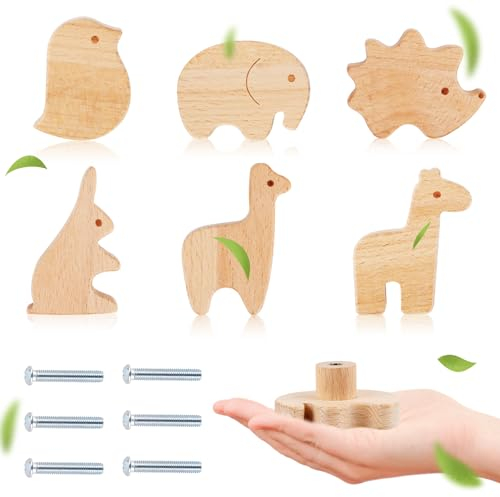 KFDDRN Schrankknöpfe Holz fur Kinderzimmer, Runde Möbelknöpfe mit Schrauben, Knauf für Kinderschrank, Möbelknopf für Schubladen, Schrank, Kommode (D-Vogel+Elefant)