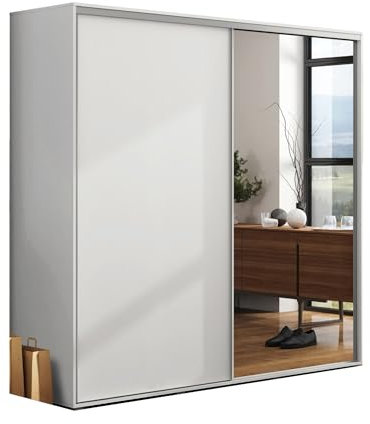 BM-Möbel Großer Kleiderschrank mit Schiebetür und Spiegel - mit Einlegeböden und Kleiderstange - für Garderobe, Schlafzimmer - Weiß - 200 X 62 X 215 cm (B/T/H)