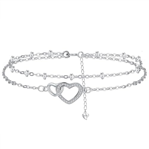 Hifeeled Coeur Bracelet Argent Sterling 925 Femme Bracelet Romantique Double Chaînes,Cadeaux Bijoux Originaux pour Femmes Sœur Ami - Réglable(16cm+4)