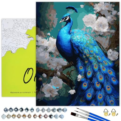 Oh Art! Malen Nach Zahlen Erwachsene Set Mit 3 Pinseln Und Acrylfarben Gemälde Acrylic Malerei DIY Leinwand 40 x 50 cm Blauer Pfau
