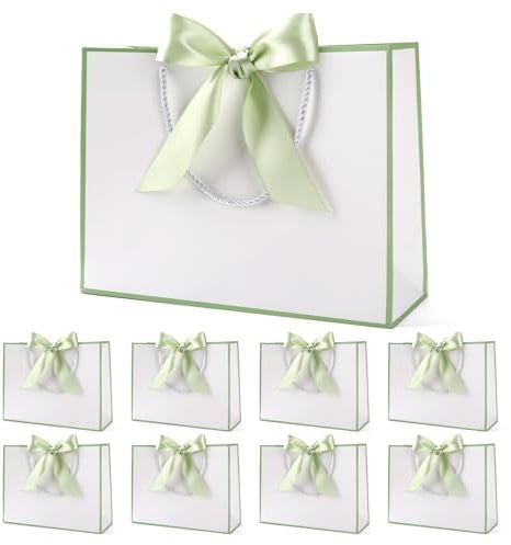 Yieseang Gift Bags for Presents,White Gift Bags Large | Christmas Gift Bags,Ideal for Bridesmaid,Birthday,Hen Party,Bridal Shower,8 Pack,32x25x10cm,Green Ribbon