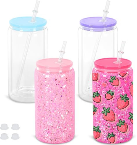 Maucircol 16 Oz Snow Globe Tumbler, 4 Pack Pre-Drilled Sublimation Glass Cup For Glitter Snow Globe Diy with Colorful Lid, Double Wall Sublimation Glass Tumbler