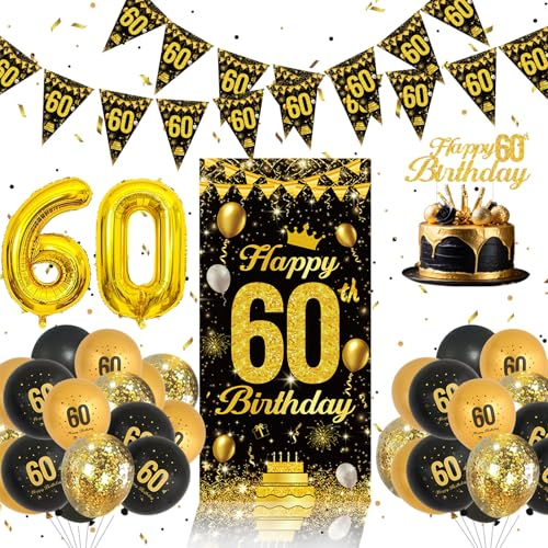 60th Birthday Decorations Set - Black And Gold Birthday Balloons, Banners, Cake Toppe For Men Women Party Decorations Supplies
