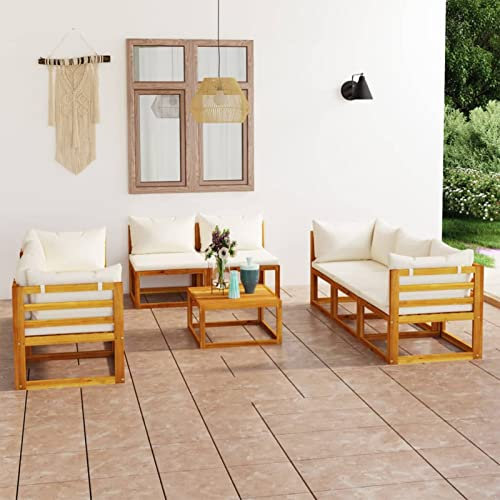 Sufrk 9-TLG. Garten-Lounge-Set mit Auflagen Creme Massivholz Akazie Hocker Couch Essecke Mit Eckbank Und Tisch