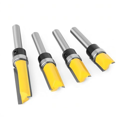 4 Pcs 1/4 Inch Shank Flush Trim Bit Set, Professional Woodworking Router Bit Set with Bearing, Straight Pattern Template Router Cutter, Top and Bottom Bearing Trimming Bits