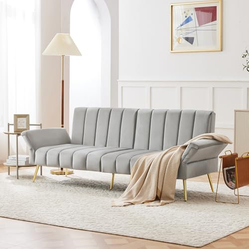 Merax Schlafsofa Bettsofa mit Schlaffunktion, Rückenlehne und Armlehnen mit 5 Liegepositionen, Moderner 3er-Sofa, Schlafcouch, klappbar Ausklappsofa für Wohnzimmer Gästezimmer Wohnung, Samt, Grau