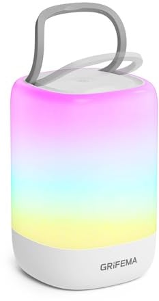 GRIFEMA Lámpara de Mesa Recargable para Dormitorio, Luz Nocturna LED Táctil con Cambio de Colores RGB, Lámpara de Noche con Batería de 15H, Carga USB-C, Temporizador, Portátil para Habitación, Camping
