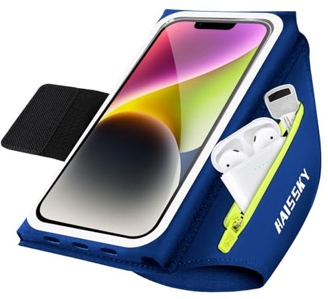 Razobws Sportarmband Handyhalterung Joggen, Handytasche Joggen Mit Kopfhörertasche, Handy Armband Joggen Zubehör für iPhone 16 Pro Max/Galaxy S25 Ultra (Blau)