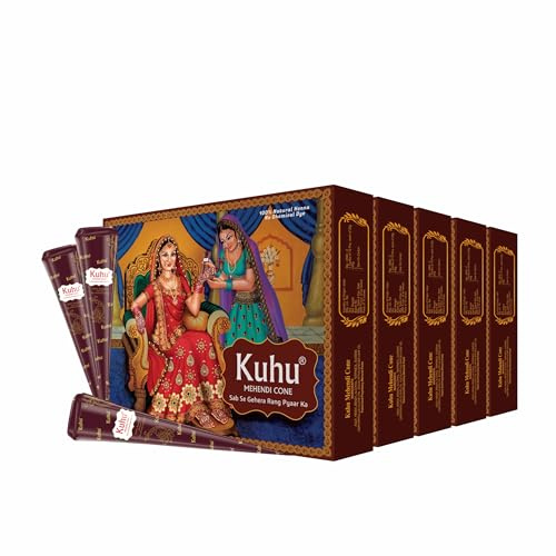 Kuhu Henna-Based Natural Mehendi Cones (Pack of 60 Cones, 12 Cones per Box) for Hand Art & Temporary Freckles – Chemical-Free, Red Delight Box – Suitable for Women & Girls