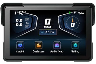 Eonon Pantalla IPS de 7 pulgadas para motocicletas con Carplay y Android Auto, 200 W 110° de gran angular de cámaras duales (delantera + trasera) para grabación dual, compatible con DVR TPMS, salida
