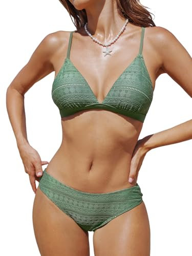 CUPSHE Damen Bikini Set mit Kontrastpaspeln Triangel Brazilian Bikini Bademode Zweiteiliger Badeanzug Dark Green/Textured L