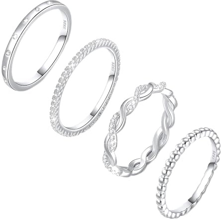 Diorra Silver Ring for Women, 4PCS Thin Sterling Silver Stackable Rings Set Cubic Zirconia Engagement Statement Wedding Bands for Women Size 5-10