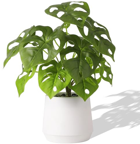 LUWENER Artificial Monstera Plant in White Pot 14 Faux Potted | Fake Plant with stones Decor, For Living Room, office, Home Decoration, Monstera white