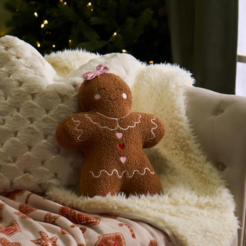 OHS Boucle Girl Gingerbread Cushion, Christmas Decorations Novelty Cushions Stuffed Christmas Cushions Throw Pillow for Bed Sofa Home Decor Plush Pillow Gifts for Women Girls, Brown - 28 x 38 x 5cm