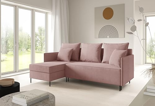 LIKMA Puderrosa Ecksofa ZAVO L-Form 214x142 cm mit Schlaffunktion (202x140 cm) Eckcouch mit 2 Bettkasten und Füßen Wohnlandschaft Bettsofa mit Stauraum Polstermöbel Sofa
