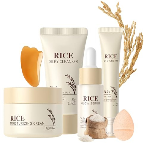 Reis Korean Skincare Set 6PCS, Gesichtspflege Set Damen mit Cleanser, Serum, Eye Cream, Gesichtscreme, Waschschwamm & Gua Sha, Pflegendes Beauty Set für Glatte & Gepflegte Haut, Pflegeset Damen