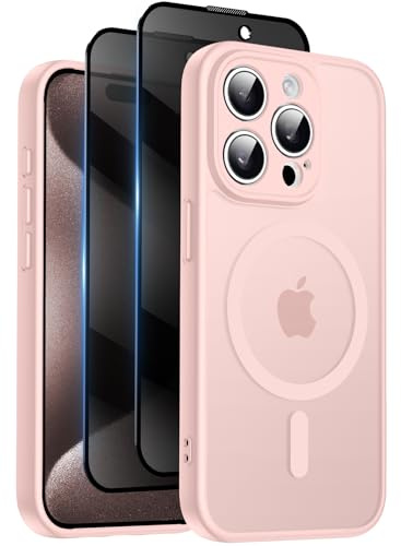 Qasyfanc für iPhone 15 Pro Max Hülle mit Mag Safe mit 2 Stück Sichtschutz Schutzfolie Magnetisch Handyhülle Matt Hard PC Kratzfest Stoßfest Transluzente Schutzhülle - Rosa