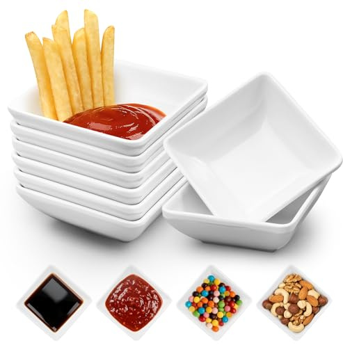 QINGHEC 8 Pcs Square Dipping Bowls, White Soy Sauce Dishes 7.3cm, Small Bowls, Spice Bowls,Dishwasher Safe, Mini Side Seasoning Dish, Snack Bowls for Seasoning Ketchup Sushi Dip BBQ Tapas