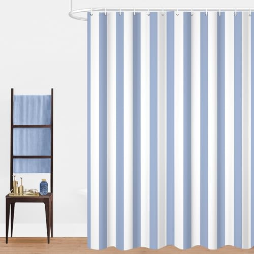 GCIREC Duschvorhang, 180x200cm, Weiß und Hellblau Moderner Minimalismus Vertikale Streifen Wasserdichter Stoff Maschinenwaschbarer Badezimmervorhang mit Haken