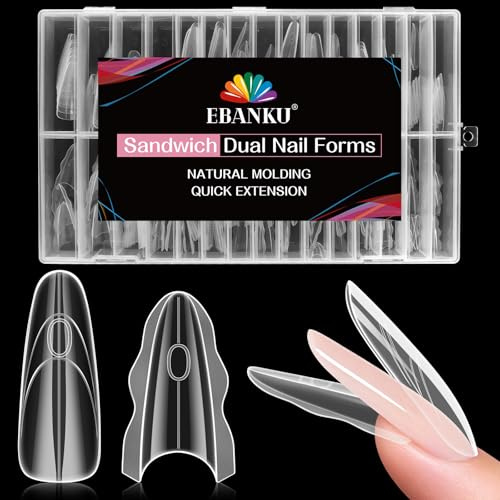 EBANKU 240PCS Sandwich Dual Nail Forms, Dual Forms for Polygel | Transparent Top & Bottom Design Acrylic Nail Mold Nail Extension Tool for Home Salon Nail Manicure (Almond Round)