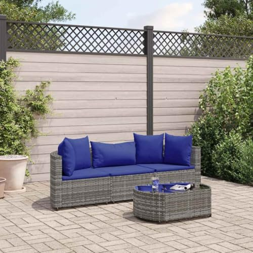Runheo Salon de Jardin 4 Pièces Gris, Résine Tressée, Coussins Bleu Foncé, Mobilier d'Extérieur Modulable, Table Basse en Verre Trempé, pour Patio et Balcon