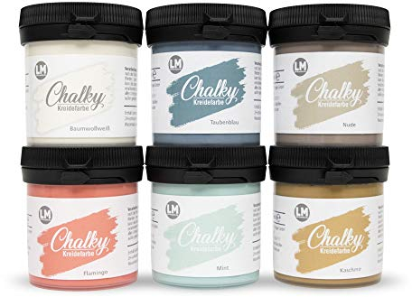 LM-Kreativ Chalky Kreidefarbe 6 x 100ml (St. Tropez) - - Finish Kreide-Farbe für einen Vintage/Shabby-Chic-Look. Die Kreidefarben/Kalkfarbe sind auch als Holzfarbe verwendbar & trocken matt auf