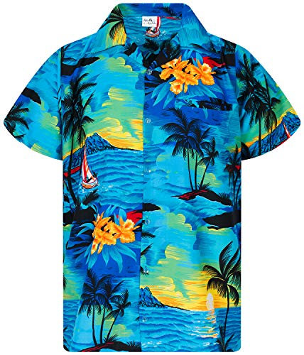 King Kameha Men's Surf-Shirt Short-Sleeve Casual-Button-Down Hawaii-Vacation, Surf, Turquoise, L