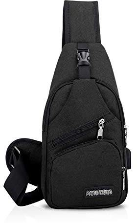 FANDARE Unisex Schultertasche Herren Damen Brusttasche Sling Bag Rucksack mit USB Umhängetasche Sporttasche für Wandern,Abenteuer,Sport, Reisen und Joggen Schwarz