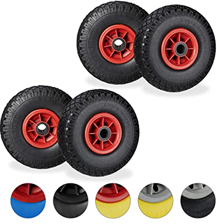 Relaxdays Set di 4 Ruote per Carriola, Pneumatici di Gomma Piena Antipanne, ASSE 25mm, Max.80 kg, 260x85mm, Nero-Rosso
