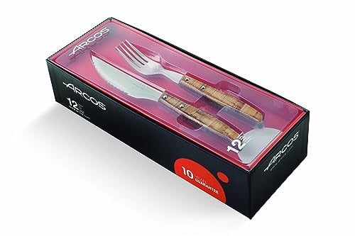 Arcos Jeu de Couteaux à Viande 12 Pièces en Acier Inoxydable - Ensemble de Couteaux avec Tranchant Perlé pour Viande. Manche Ergonomique en POM. Série Table. Couleur Marron