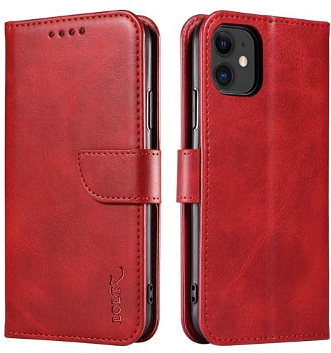 LOLFZ Wallet Case for iPhone 11, Vintage Leather Book Case with Card Holder Kickstand Magnetic Closure Flip Case Cover for iPhone 11 - Red