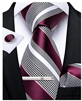 DiBanGu Herren Krawatte Einfarbig Seide Gewebt Gestreift Plaids Krawatte Taschentuch Manschettenknopf Krawattenklammer Set Formelle Business Hochzeit, Grau/Burgunderrot, M