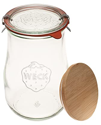 Weck Jars - Weck Tulip Jars 1.5 Liter - Sour Dough Starter Jar - Large Glass Jars for Sourdough - Starter Jar with Glass Lid Tulip Jar with Wide Mouth Suitable Canning and Storage 1 Jar with Wood Lid