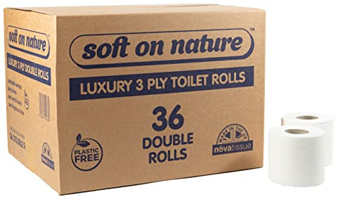 36 Double Rolls | Soft on Nature Eco Toilet Tissue Paper | 3PLY Luxury Sustainable | Plastic Free | UK Made