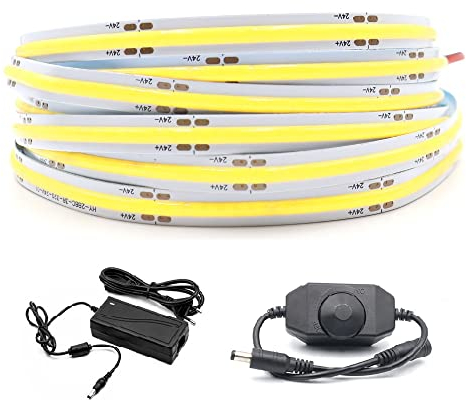 Arotelicht Bande LED COB 3m 24V Ruban LED COB Bande Lumineuse blanc froid 6000K dimmable chaîne lumineuse haute densité 320LEDs/M avec adaptateur et variateur IP20 pour cuisine décoration d'intérieur