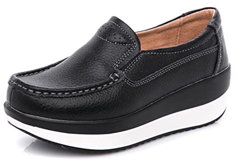 SRUQ Mocasines de Cuero Mujer Mocasines con Plataforma Zapatos para Caminar Casuales con cuña sin Cordones (Negro, Numeric_40)