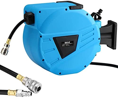 Bakaji Avvolgitubo Aria Compressa con Tubo 10 mt Attacco 1/4 Fissaggio a Parete Muro Sistema blocco automatico, Salvaspazio Accessorio Compressore Aria compressa Pressione Max 12 Bar (10 + 1 mt)