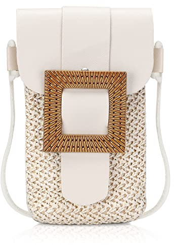 Soleebee Handy Umhängetasche Geflochtener Boho PU Leder Handytasche Damen Crossbody Geldbörse Handy Schultertasche mit Abnehmbar Schultergurt für Handy unter 7 Zoll - Quadratische Schnalle B