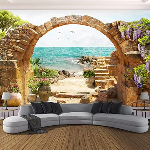 fsdgdf Fototapete 3D Effekt Garten Steinbogen Meerblick 3D Wandbild Vlies Wanddekoration 300(W) x 210(H) cm