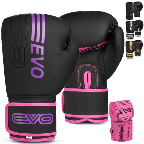EVO Fitness Boxhandschuhe Männer Damen MMA Muay Thai Kampfsport Kickboxen Sparring Training Kämpfen Boxing Gloves Martial Arts Boxen Handschuhe Boxsack Rosa Handbandagen (Rosa, 14 OZ)