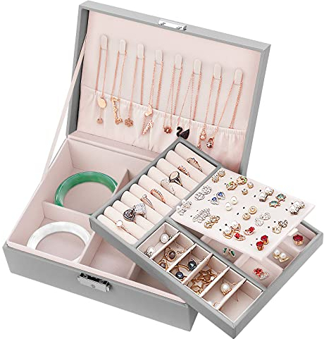 Mamowla Schmuckschatulle für Damen,Schmuckkästchen mit Schlüssel 2 lagige Schmuckaufbewahrungs Box für Halsketten, Ohrringe, Armbänder, Ringe, Schmucktasche aus PU-Leder für Mädchen und Frauen, Grau