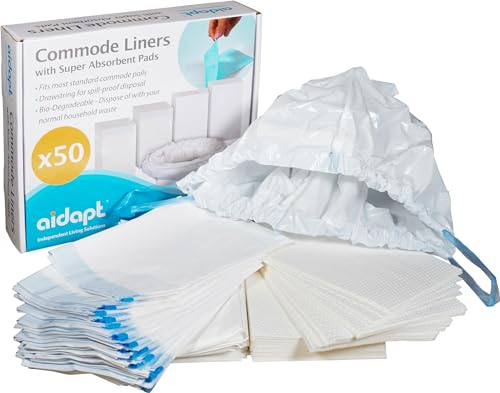 Aidapt Commode Liners with Absorbent Pads,Box of 50 Flat Packed.1000ml Absorbency,Fits Standard Commode Buckets,Biodegradable,Tie Handles,Sanitary,Leak Free,Odour Free,Convenient