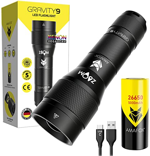 AMAFOX G9 - XENON Megabeam Hochleistungs- LED Taschenlampe Aufladbar - Schwarz - Extrem Hell | Taktische Taschenlampe led mit USB C & 26650 Akku