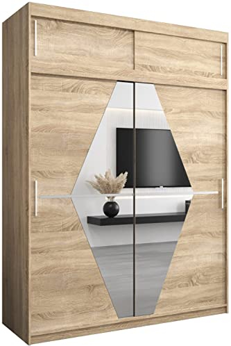 KRYSPOL Schwebetürenschrank Boliwia 180 cm mit Spiegel Kleiderschrank mit Kleiderstange und Einlegeboden Schlafzimmer- Wohnzimmerschrank Schiebetüren Modern Design (Sonoma mit Erweiterung)