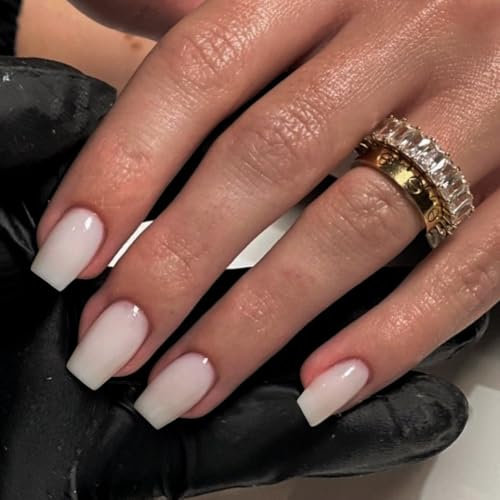 Spring Glänzend Weiß Nägel zum Aufkleben Mittel Kurz Sarg,KXAMELIE Salon Like Coffin Fake Nails mit Volltonfarbe,Nahtloser weicher Gel-Stick auf Nägeln für Frauen,Natürliches Aufpressen ohne Druck