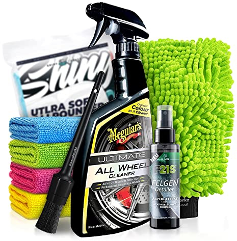 Felgenpflege Set: Meguiar's Ultimate AllWheelCleaner (709ml) Auto Felgenreiniger + Dr. Wack Felgen Detailer + Zubehör - Für eine schonende & gründliche Reinigung für Alufelgen & Stahlfelgen | 8-tlg