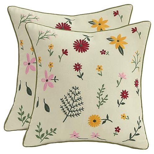 Tosleo 2 Stück Kissenhülle Bestickte dekorative Wurfkissenbezüge 45 x 45 cm für Gartenlounge Sofa Dekokissen Wohnzimmer Schlafzimmer Kissenbezüge Blumenmuster