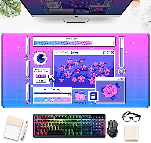 Schreibtischunterlage im Retro-Stil, blau, lila, Kirschblüten-Design, niedlich, Kawaii-Dampfwelle, extra großes Gaming-Mauspad XXL, Schreibtisch-Zubehör für Mädchen, Gamer Geschenk 80x15 cm